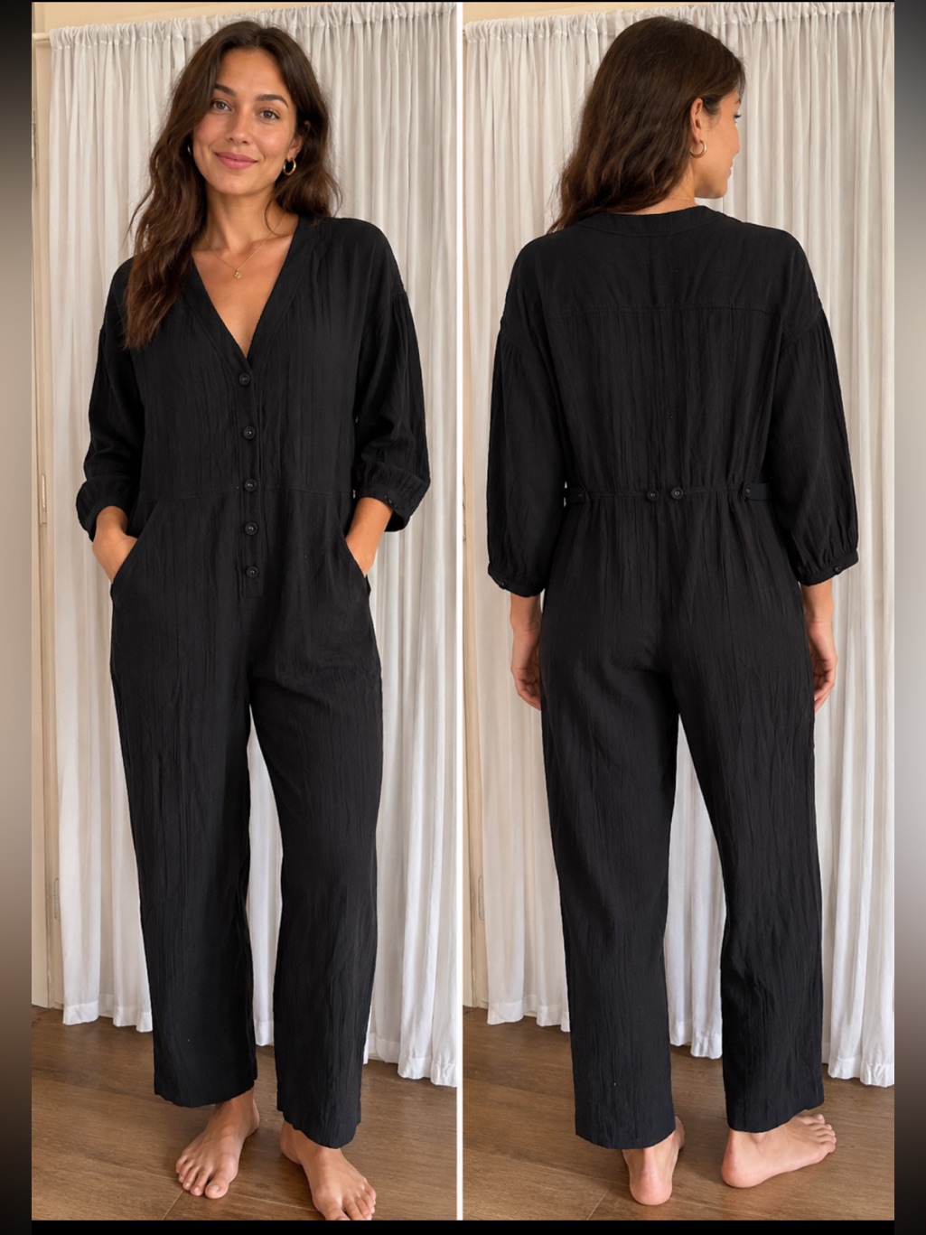 Joie Black Talllima Caviar V-Neck Button-Front Cotton Jumpsuit Size Small New